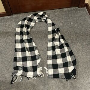 Plaid black and white flannel winter scarf 6 feet long